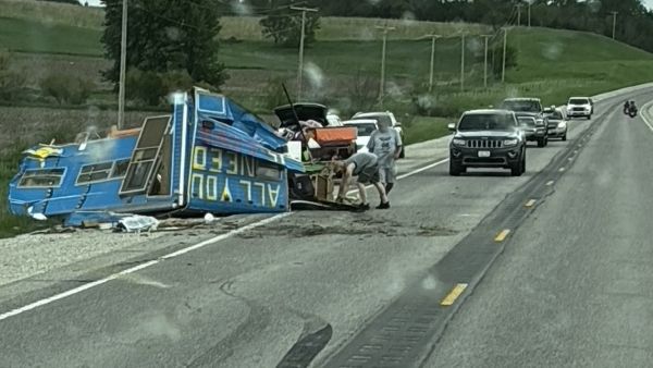 Trailer smashed on side of highway