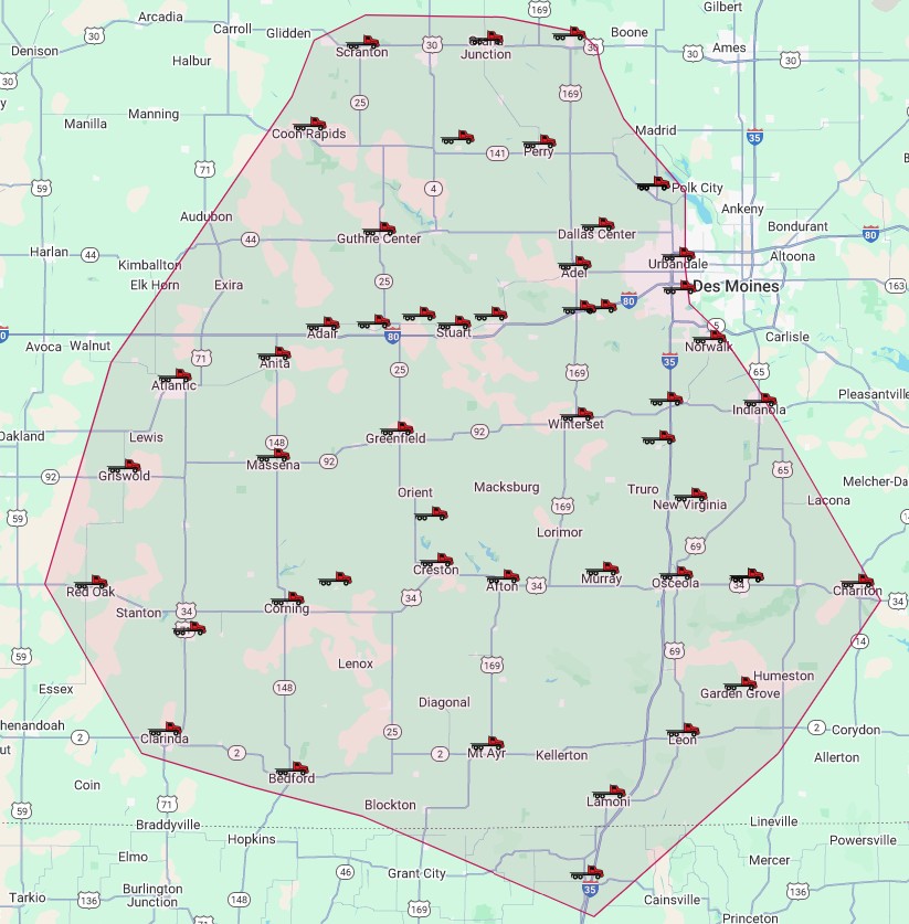 Map of Diversified Towing and Recovery Service Area