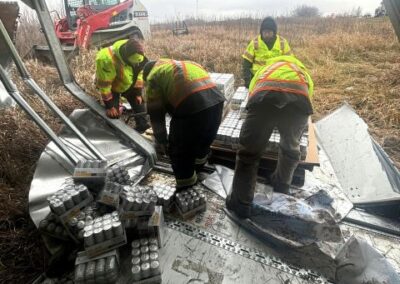 Four people cleaning up flats of cans in back of damaged truck