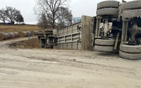 Semi Tractor Trailer Roll Over Semi and trailer on its side